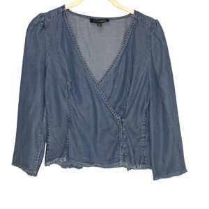 Intermix Wrap Top Womens 4 Long Sleeve Chambray Frayed Hem Lyocell Blouse Denim